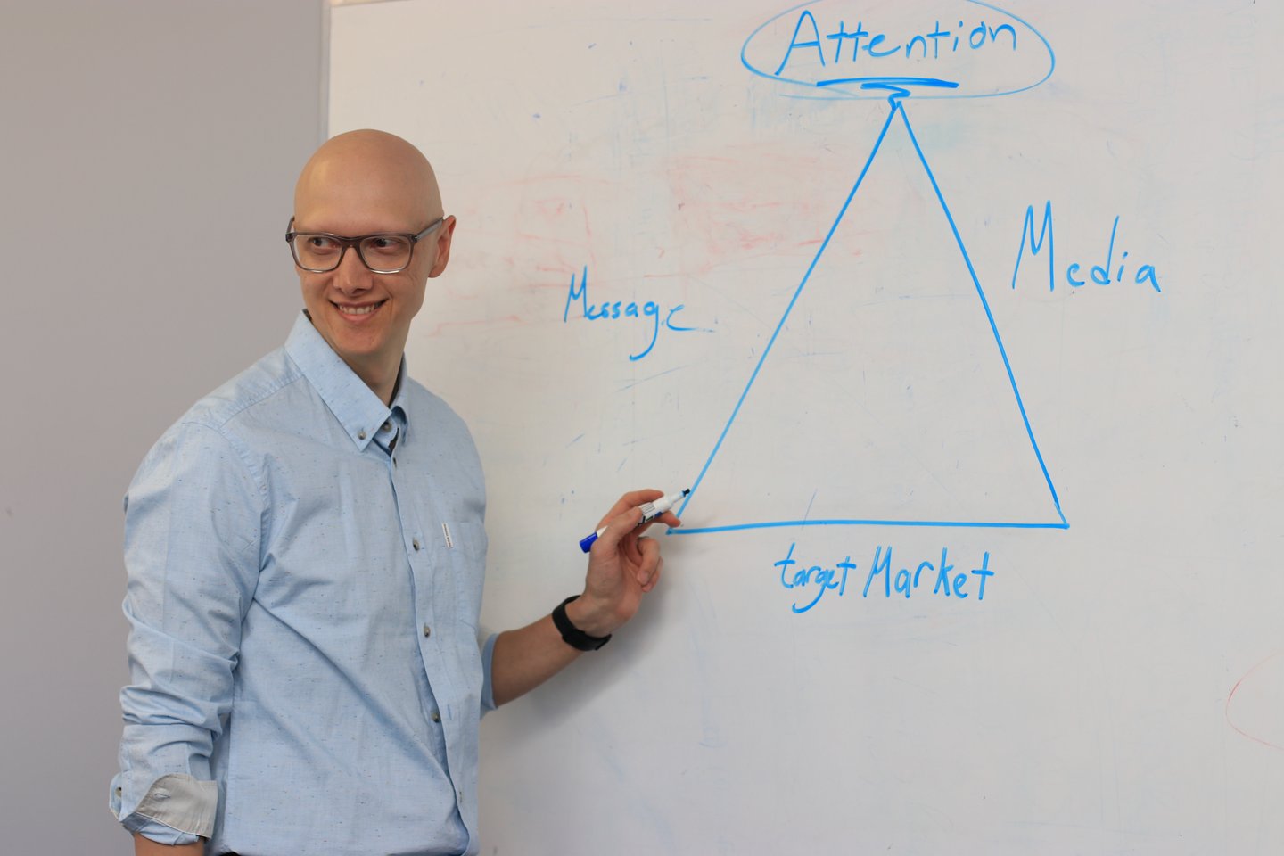 Moe explaining a whiteboard diagram